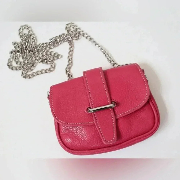 Roots Canada 1990s Fuchsia Mini Leather Purse Silver Chain Link Shoulder Strap - Picture 1 of 16